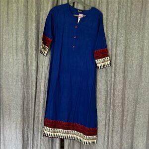 3/4th Sleeve India Blue Straight Cotton Kurta